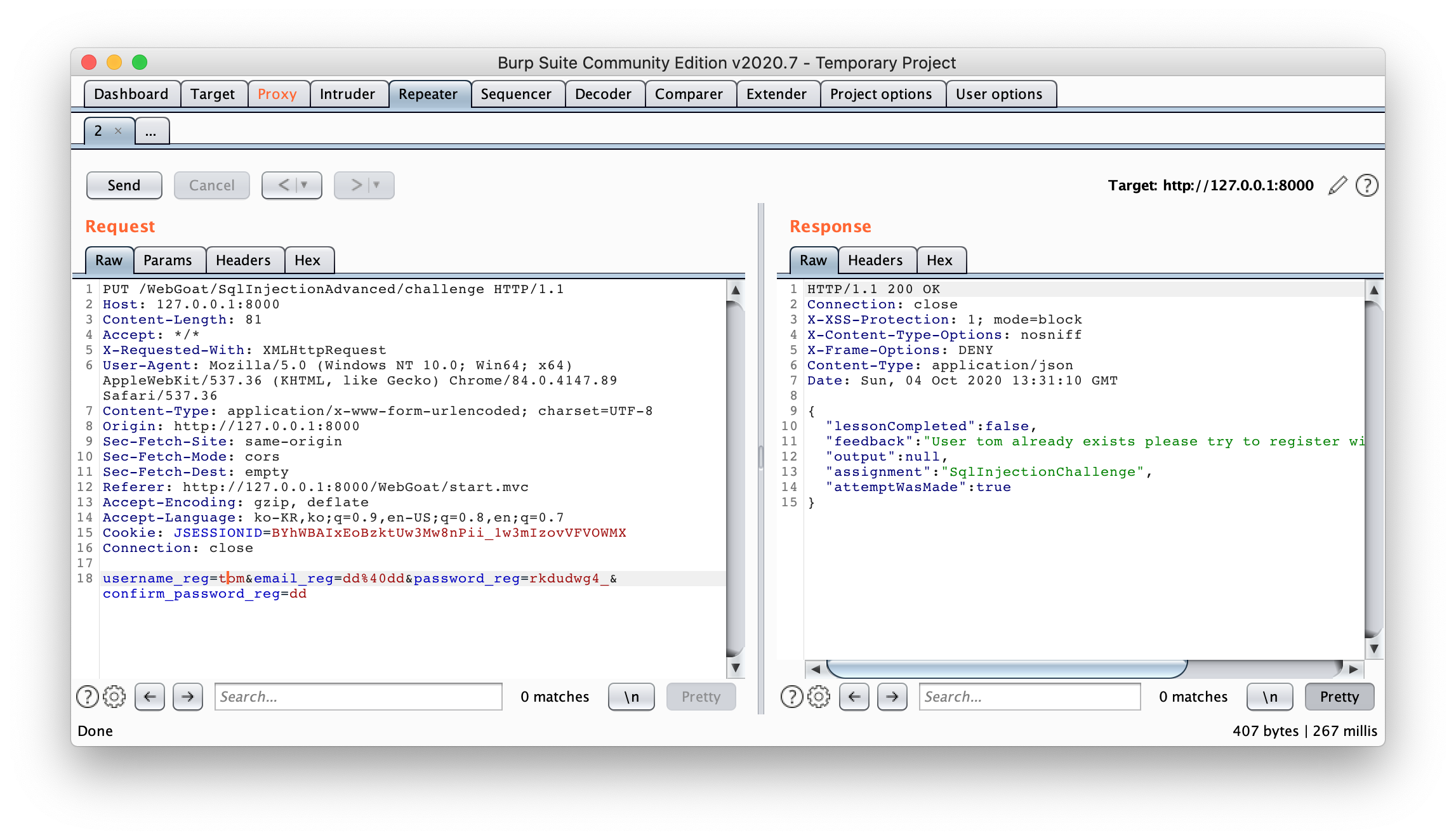  webgoat sql injection special statements advanced 1 2 
